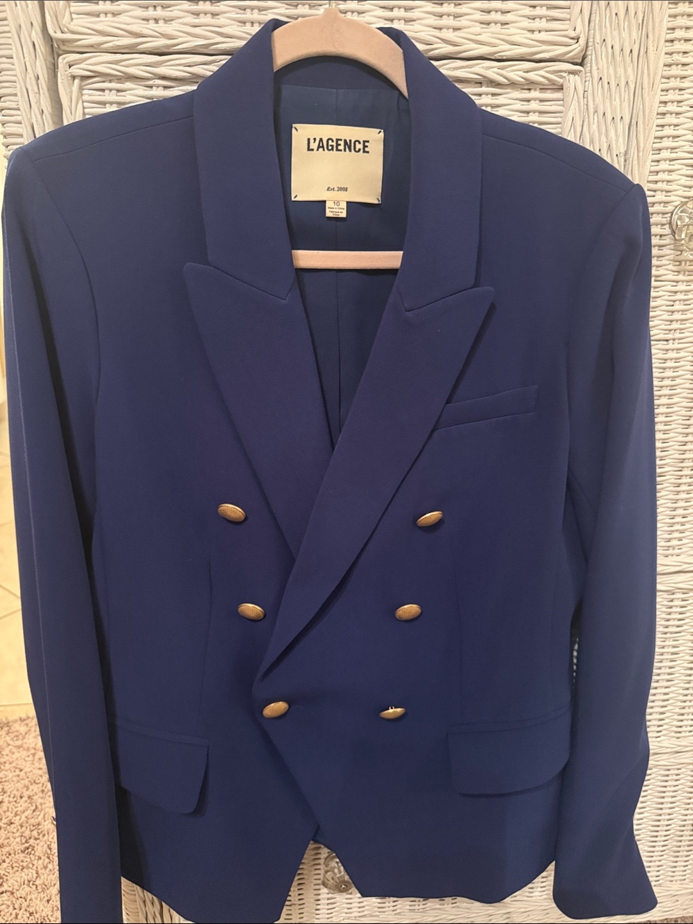 L'AGENCE Double-Breasted Royal Blue Blazer with Gold Buttons